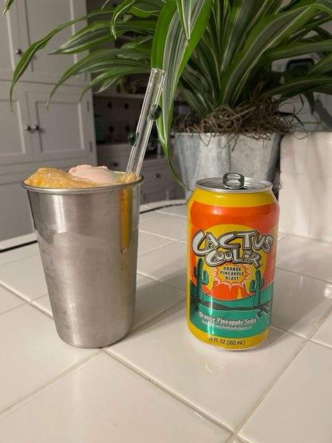 Cactus Cooler Treat in cup with can of soda alongside